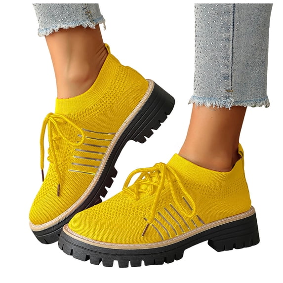 Knit Oxford Shoes for Women Lace up Breathable Mesh Solid Color Classic Lug Sole Low Heel Elastic Slip on Dress Shoes Yellow Size 7.5