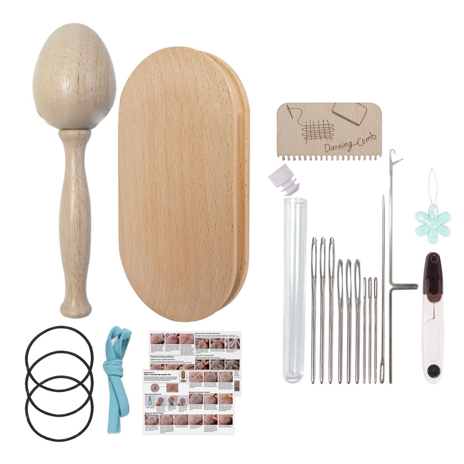 Knit Patch Mending Kit Knitting Tool Darning Tools Kit Wooden Darning Egg Oval Tool With Stainless Steel Needles Hook Needle Comb Scissors Accessories For Hand Sewing Mending
