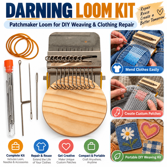 Knit Patch Patchmaker 2.0 Kit, Patchwork Weaving Tool Set, Mini Mending Darning Loom for Beginners and DIY Fabric Repairs(12 Needles)