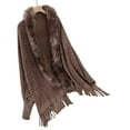 thumbnail image 1 of Knit Pattern Long Sleeve Shawl Wrap Open Front Sweater Ponchos for Women Winter Furry Collar Fringes Cardigan, 1 of 8