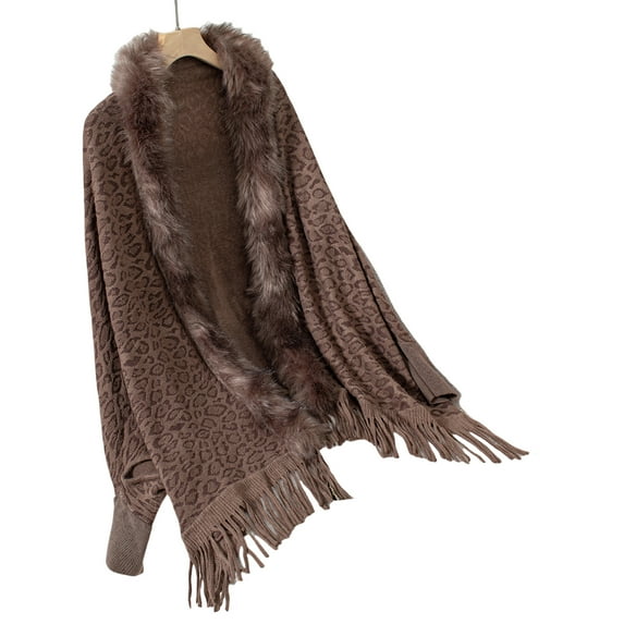 Knit Pattern Long Sleeve Shawl Wrap Open Front Sweater Ponchos for Women Winter Furry Collar Fringes Cardigan