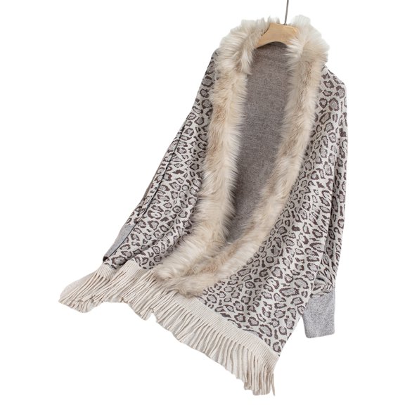 Knit Pattern Long Sleeve Shawl Wrap Open Front Sweater Ponchos for Women Winter Furry Collar Fringes Cardigan