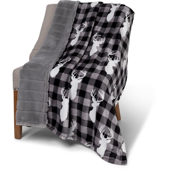 Knit Printed Throw Faux Fur Rev. 48X60 Black Plaid Deer Rustic Cabin