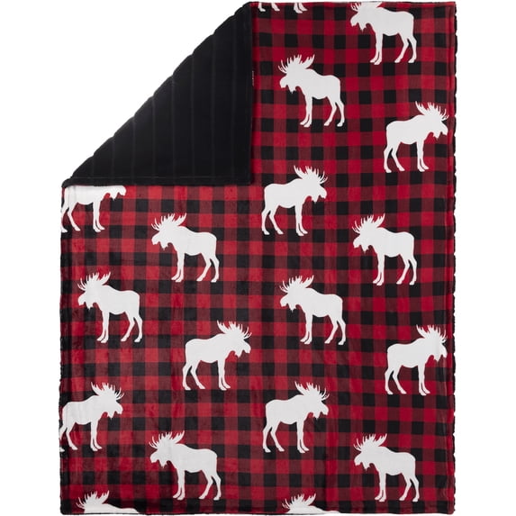 Knit Printed Throw Faux Fur Rev. 48X60 Red Plaid Moose Rustic Cabin