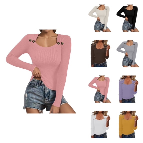 Knit Pullover Sweater Winter Autumn Square Neck Button Down Top Soft Stretch Casual Blouse Tunic Long Sleeve Shirt