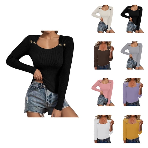 Knit Pullover Sweater Winter Autumn Square Neck Button Down Top Soft Stretch Casual Blouse Tunic Long Sleeve Shirt