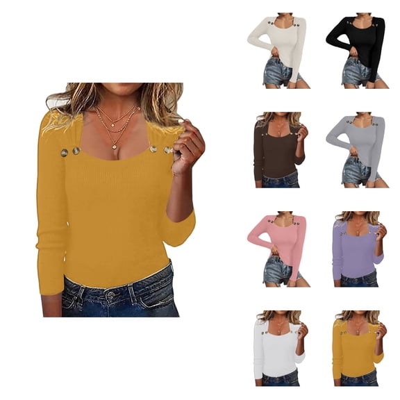 Knit Pullover Sweater Winter Autumn Square Neck Button Down Top Soft Stretch Casual Blouse Tunic Long Sleeve Shirt