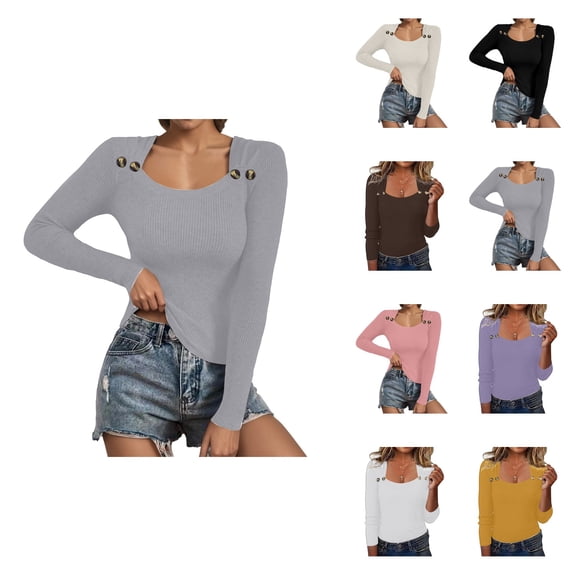 Knit Pullover Sweater Winter Autumn Square Neck Button Down Top Soft Stretch Casual Blouse Tunic Long Sleeve Shirt