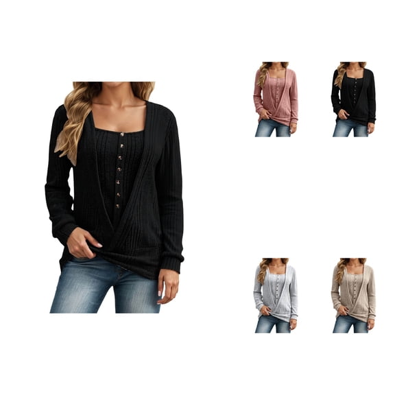 Knit Pullover Sweater with Decorative Button Placket – Soft Yarn, Casual Comfortable Fall Winter Women's Top 2025