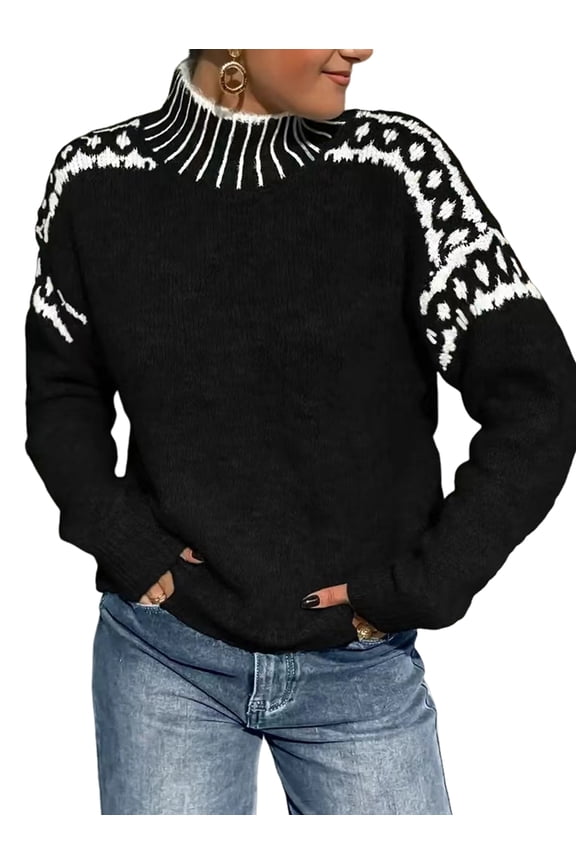 Knit Pullover with Nordic Pattern, Gray and White, Ribbed Collar and Cuffs