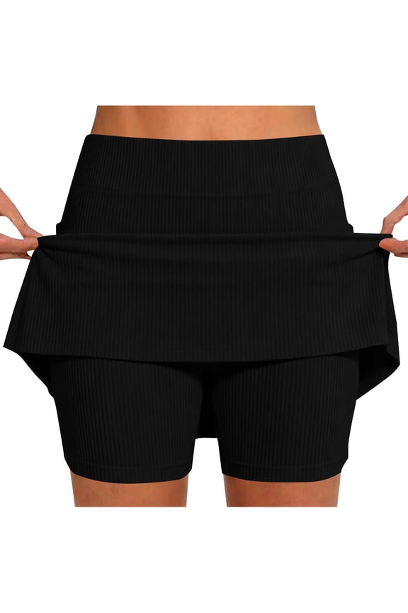 Knit Ribbed Skirted Legging for Women Yoga Legging with Skirts Women Tennis Leggings Shorts with Pockets Black