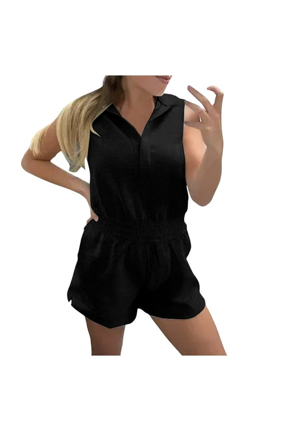 Knit Romper Summer Sleeveless Adjustable Waistband Shorts Jumpsuits With Pockets Sleeveless Short Rompers Long Sleeve Body Suits for Women Pretty Clothes for Women Womens Jumpsuits Casual Glitter