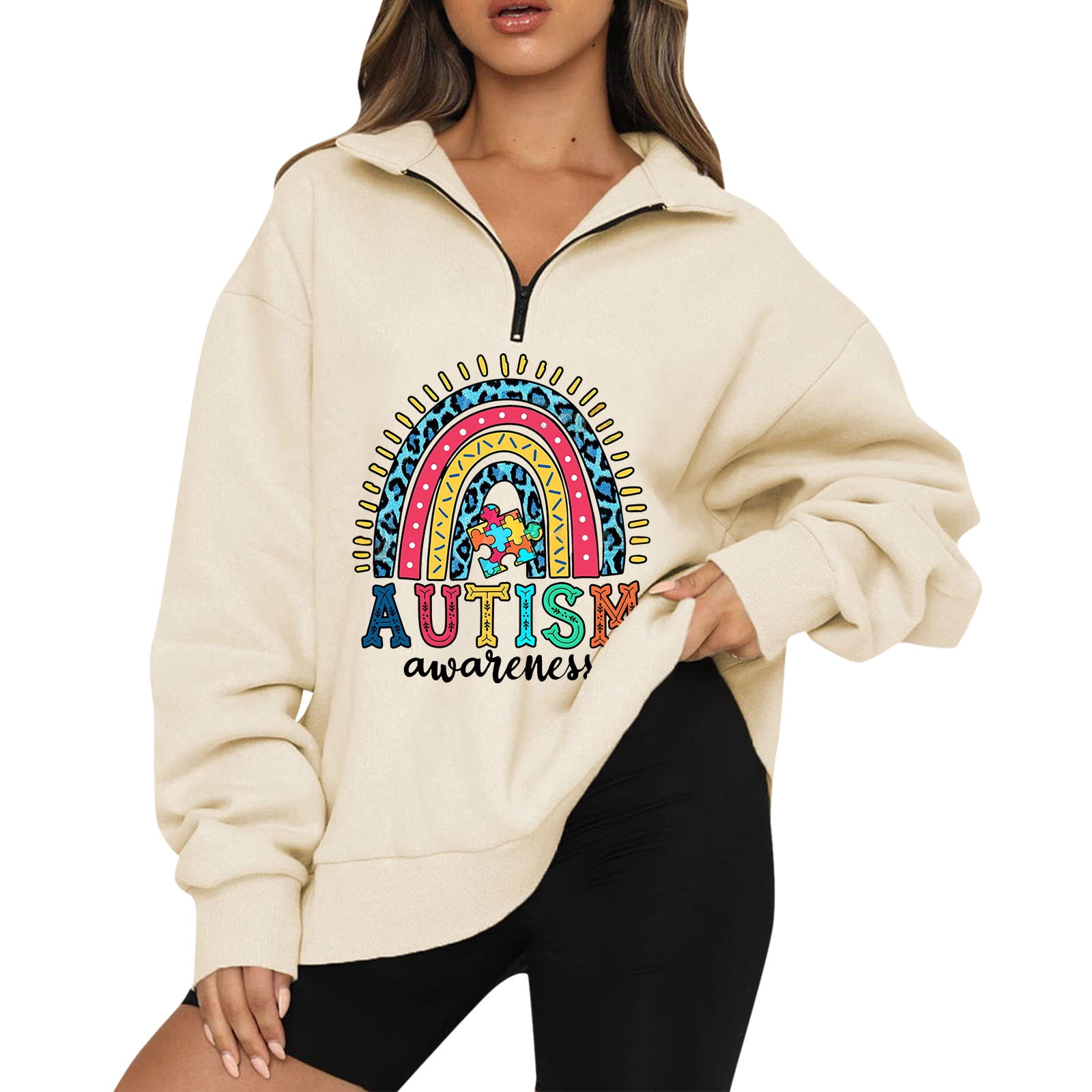 Knit Round Womens Casual Rainbow Print Oversized Half Zip Pullover