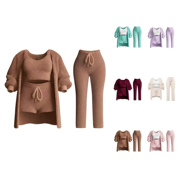 Knit Sets 4 Piece Women 2026 Fashion Plain Casual Long Sleeve Shirt Tank Top Shorts Pants 4 Piece Lounge Sets Loungewear