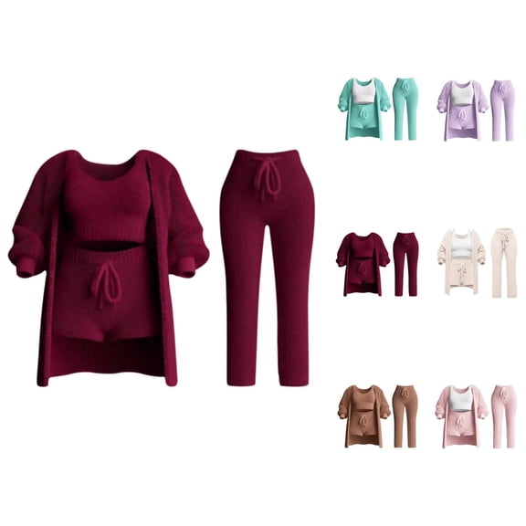 Knit Sets 4 Piece Women 2026 Fashion Plain Casual Long Sleeve Shirt Tank Top Shorts Pants 4 Piece Lounge Sets Loungewear