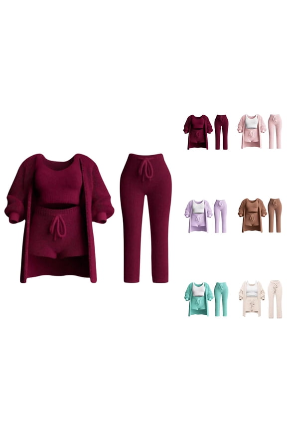 Knit Sets 4 Piece Women 2026 Trendy Casual Plain Long Sleeve Shirt Tank Top Shorts Pants 4 Piece Sweater Sets Loungewear