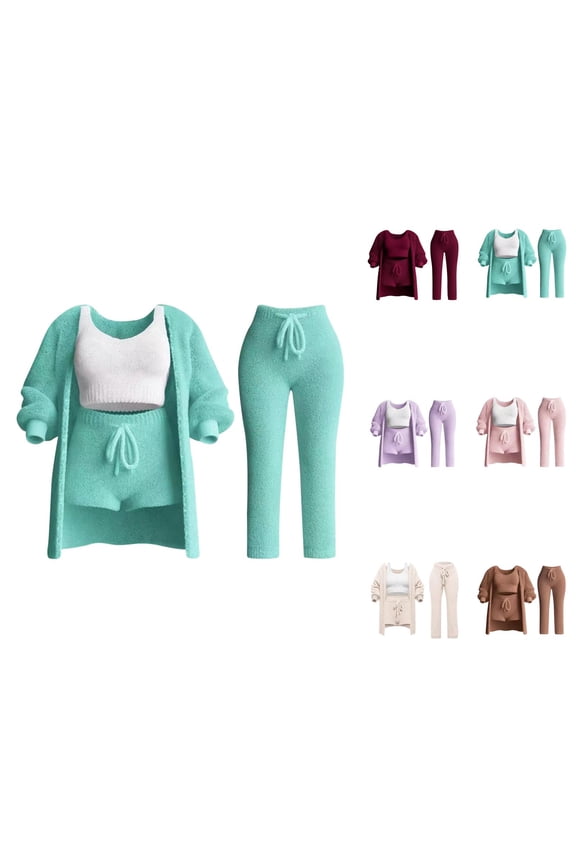 Knit Sets 4 Piece Women 2026 Trendy Casual Plain Long Sleeve Shirt Tank Top Shorts Pants 4 Piece Sweater Sets Loungewear