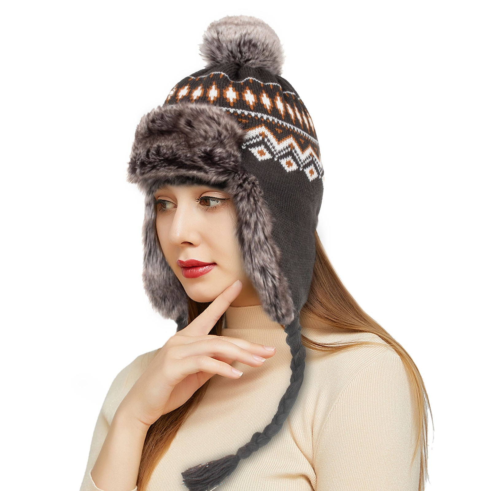 Knit Sherpa Hat with Ear Flaps, Trapper Ski Heavy Wool