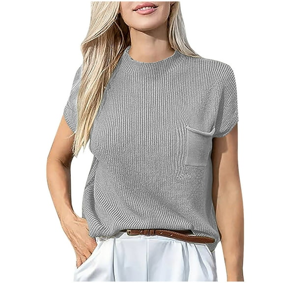 Knit Shirts for Women Short Sleeve Sweaters Cap Sleeves Pullover Ribbed Cable Knit Jumper 2025 New Outfits Round Neck Knitwear Work Office Tops Vacation Top