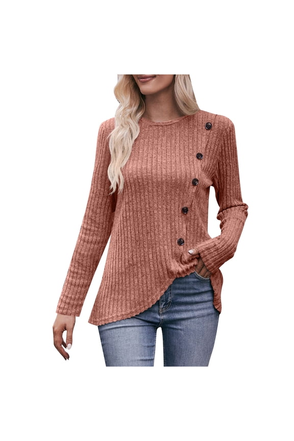 Knit Shirts for Women, Sweaters for Womens Women's Casual Fall Sweater Knitted Ribbing Round Neck Long Sleeve Tops Soft Pullover Side Splits Button Shirt Gym, Yoga, Workout, Daily Leisure