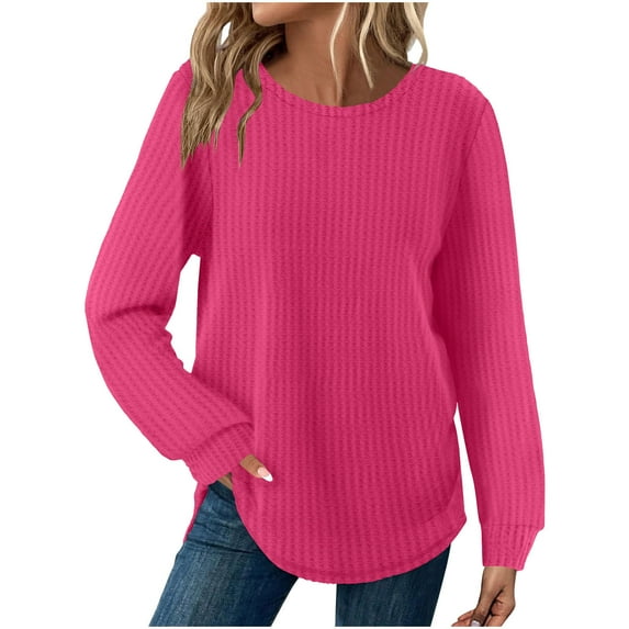 Knit Shirts for Women Long Sleeve Crew Neck Basic Tops Loose Tunic Casual Blouses Solid Color Daily Pullover (S, Hot Pink)