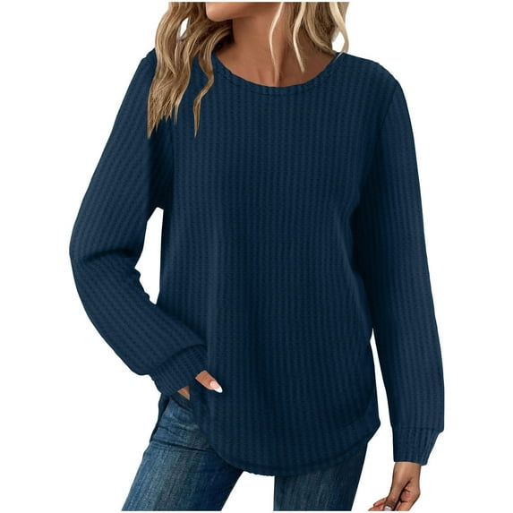 Knit Shirts for Women Long Sleeve Crew Neck Basic Tops Loose Tunic Casual Blouses Solid Color Daily Pullover (XL, Navy)