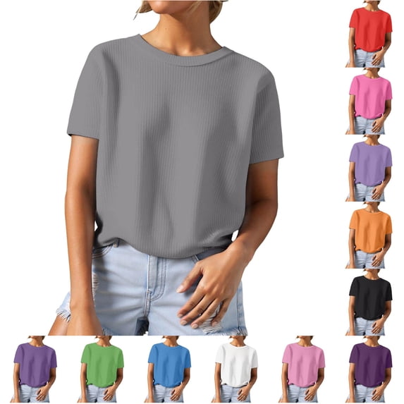 Knit Short Sleeve Crewneck T Shirt Top for Everyday Casual Wear Textured Yarn Tee Women’s Daily Comfort Shirts for Women Casual
