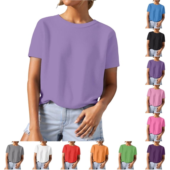 Knit Short Sleeve Crewneck T Shirt Top for Everyday Casual Wear Textured Yarn Tee Women’s Daily Comfort Shirts for Women Casual