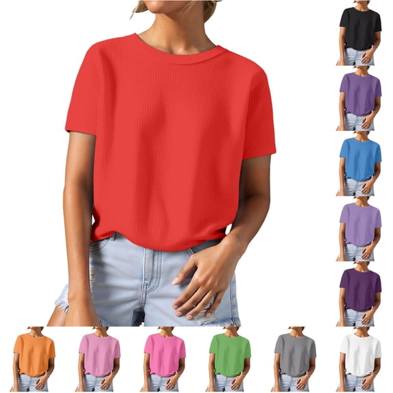 Knit Short Sleeve Crewneck T Shirt Top for Everyday Casual Wear Textured Yarn Tee Women’s Daily Comfort Shirts for Women Casual