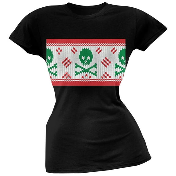 Knit Skull And Crossbones Ugly Christmas Sweater Black Soft Juniors T-Shirt - Small