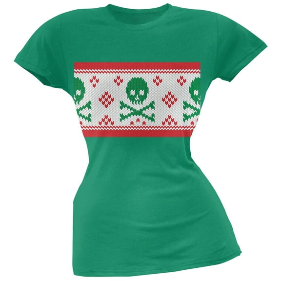 Knit Skull And Crossbones Ugly Christmas Sweater Green Soft Juniors T-Shirt - X-Large