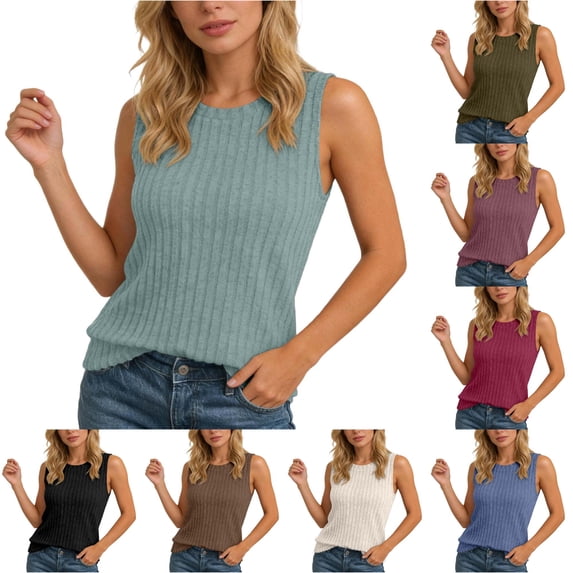 Knit Sleeveless Top Casual Round Neck Camisole Soft Stretch Basic Solid Color Tank For Everyday Wear, S, Light Blue