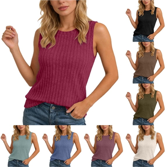 Knit Sleeveless Top Casual Round Neck Camisole Soft Stretch Basic Solid Color Tank For Everyday Wear, S, Red