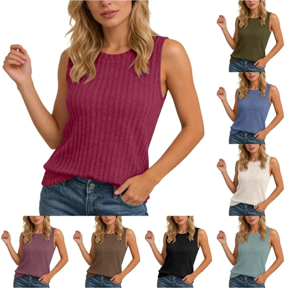 Knit Sleeveless Top Casual Round Neck Camisole Soft Stretch Basic Solid Color Tank for Everyday Wear Muscle Top Women