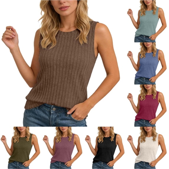 Knit Sleeveless Top Casual Round Neck Camisole Soft Stretch Basic Solid Color Tank for Everyday Wear Muscle Top Women