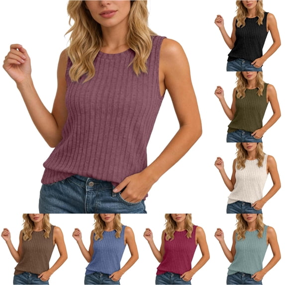 Knit Sleeveless Top Casual Round Neck Camisole Soft Stretch Basic Solid Color Tank for Everyday Wear Muscle Top Women
