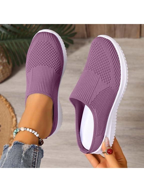 Knit Slip On Mules Womens Lightweight Breathable Open Back Clogs Comfortable Closed Toe Low Heel Walking Shoes for Casual Daily Purple 37