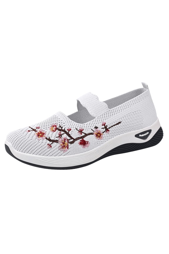 Knit Slip On Sneakers For Women Plum Blossom Embroidered Hollow Out Shoes Fly‑Knit Platform Soft Sneakers Breathable Lightweight Non‑Slip Wedge Casual Walking Shoes Comfort Daily Mom Footwear