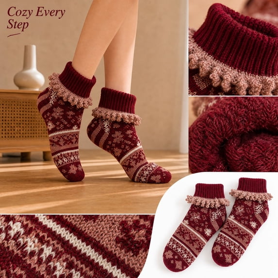 Knit Socks for Women Cable Slipper Ankle Socks Ruffle Trim Fuzzy Cozy ...