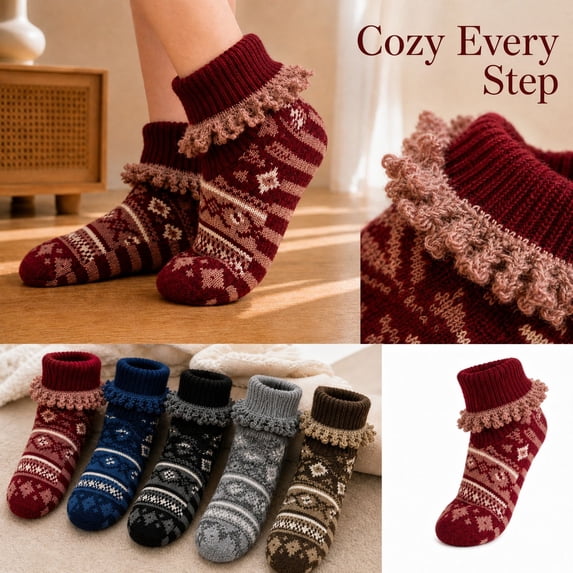Knit Socks for Women Cable Slipper Ankle Socks Ruffle Trim Fuzzy Cozy ...