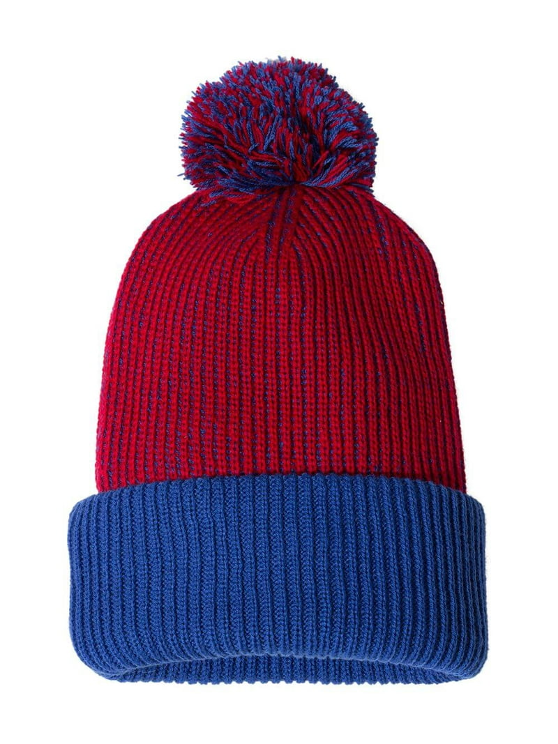 Knit Speckled Pom-Pom Beanie, Red / Blue - Walmart.com