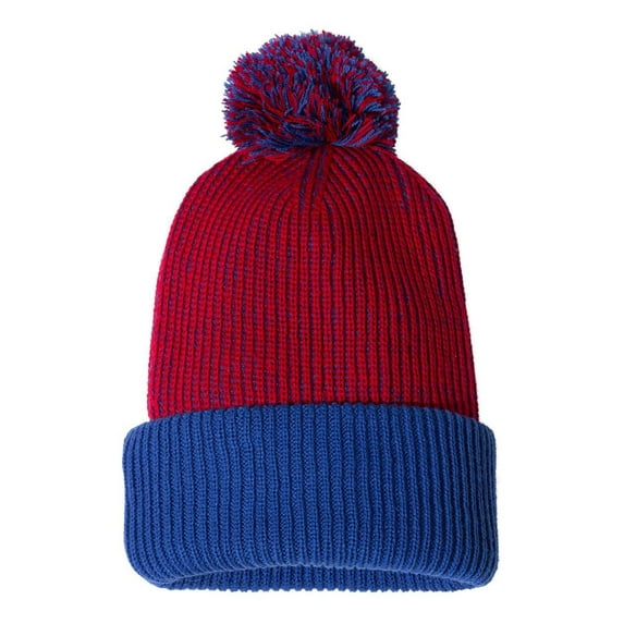 Knit Speckled Pom-Pom Beanie, Red / Blue