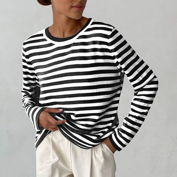 Knit Striped Sweater Tops Womens Casual Trendy Long Sleeve Crewneck Soft Loose Pullovers Knitwear Comfy Jumpers (Small, Black)