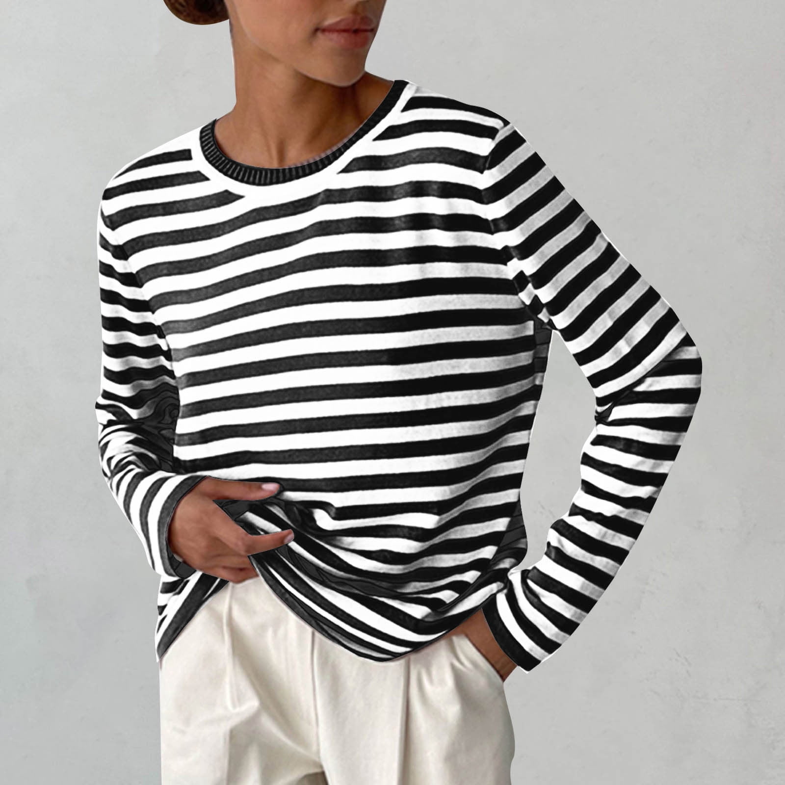 Knit Striped Sweater Tops for Women Casual Fashion Long Sleeve Crewneck Soft Loose Pullovers Knitwear Comfy Jumpers Large Black Walmart