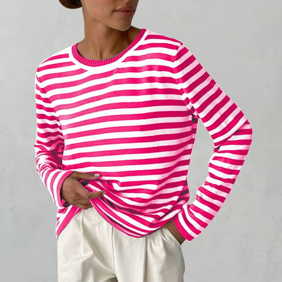 Knit Striped Sweater Tops for Women Casual Fashion Long Sleeve Crewneck Soft Loose Pullovers Knitwear Comfy Jumpers (Large, Hot Pink)