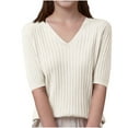thumbnail image 1 of Knit Summer Shirt Women V Neck Short Sleeve Pullover Sweater Casual Loose Solid Color Fashion Knitted Tshirts (Beige XL), 1 of 3