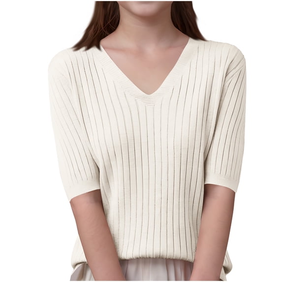 Knit Summer Shirt Women V Neck Short Sleeve Pullover Sweater Casual Loose Solid Color Fashion Knitted Tshirts (Beige XL)