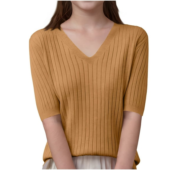 Knit Summer Shirt Women V Neck Short Sleeve Pullover Sweater Casual Loose Solid Color Fashion Knitted Tshirts (Gold XL)