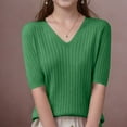 thumbnail image 1 of Knit Summer Shirt Women V Neck Short Sleeve Pullover Sweater Casual Loose Solid Color Fashion Knitted Tshirts (Green L), 1 of 3