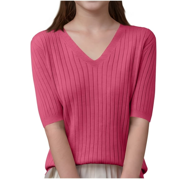 Knit Summer Shirt Women V Neck Short Sleeve Pullover Sweater Casual Loose Solid Color Fashion Knitted Tshirts (Hot Pink XL)